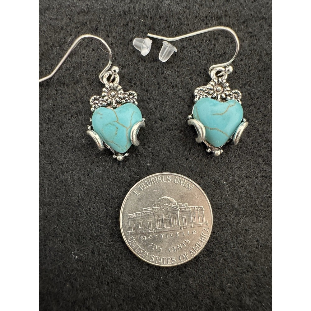 Turquoise Blue Heart Dangle Earrings Silver Tone Floral Fish Hook New